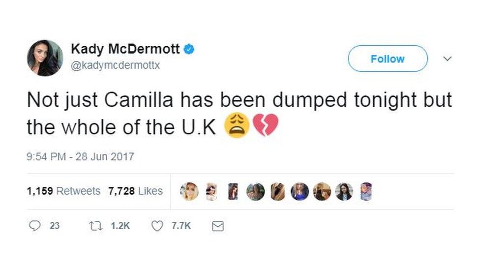 Tweet which reads: "Not just Camilla has been dumped tonight but the whole of the UK"