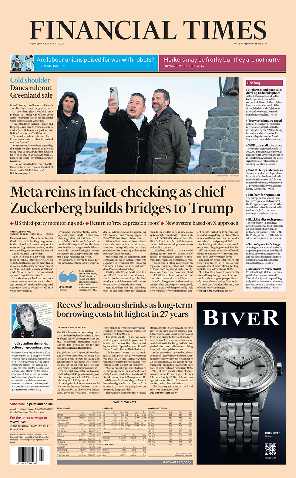 The headline in the Financial Times reads: "Meta reins in fact-checking as chief Zuckerberg builds bridges to Trump". 