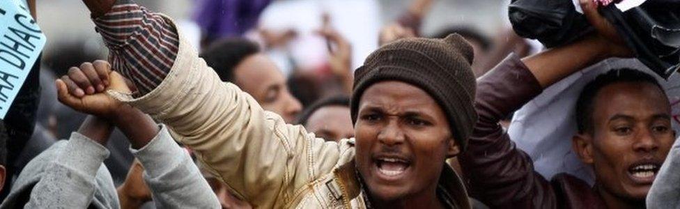 Protesters chant slogans during a demonstration over what they say is unfair distribution of wealth in the country at Meskel Square in Ethiopia's capital Addis Ababa, August 6, 2016.