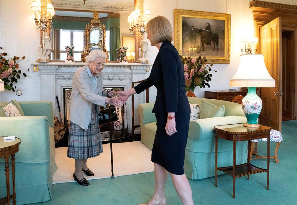 Queen Elizabeth welcomes Liz Truss during an audience where she invited the newly elected leader of the Conservative party to become prime minister and form a new government, at Balmoral Castle, Scotland, Britain September 6, 2022.