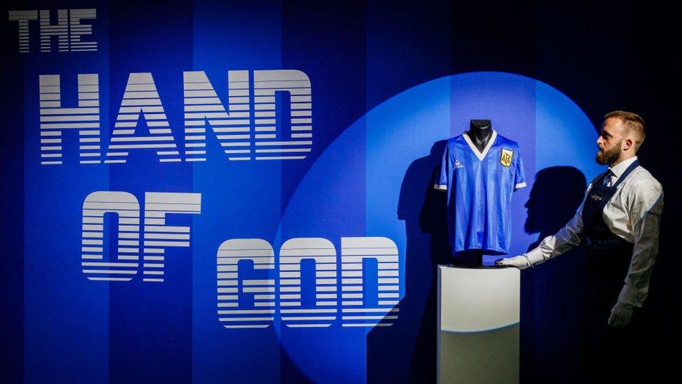 Maradona's "Hand of God" shirt on display at Sotheby's ahead of its auction