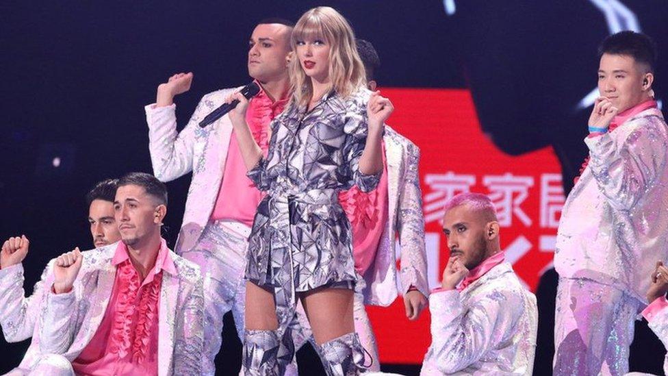 Singer Taylor Swift performs on the stage during the gala of 2019 Alibaba 11.11 Global Shopping Festival at Mercedes-Benz Arena on November 10, 2019 in Shanghai, China. (