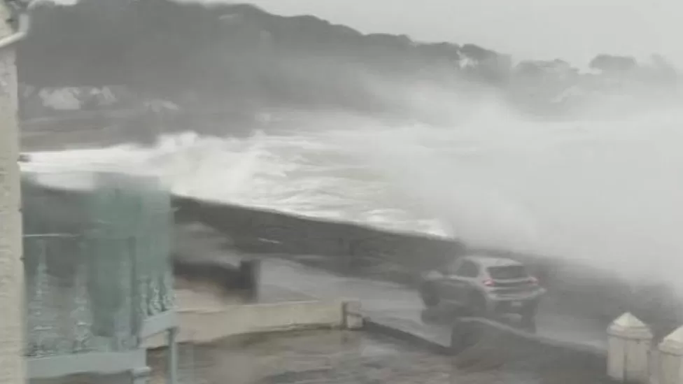 Waves crashing on to Guernsey coast