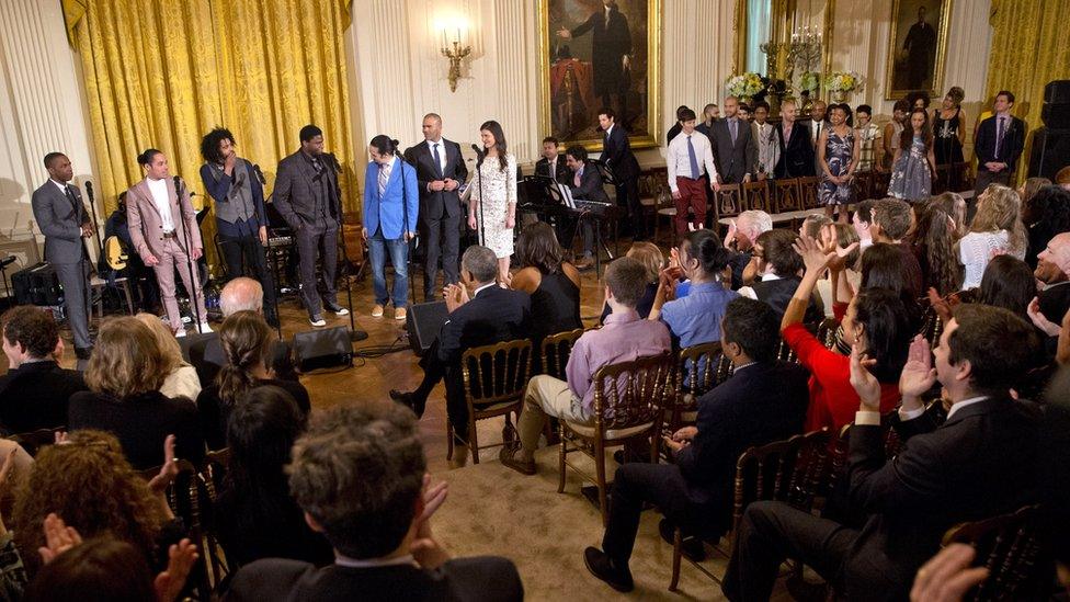 Barack Obama, Michelle Obama, Lin-Manuel Miranda, Leslie Odom Jr., Christopher Jackson, Phillipa Soo, Daveed Diggs, Anthony Ramos, Okieriete Onaodowan