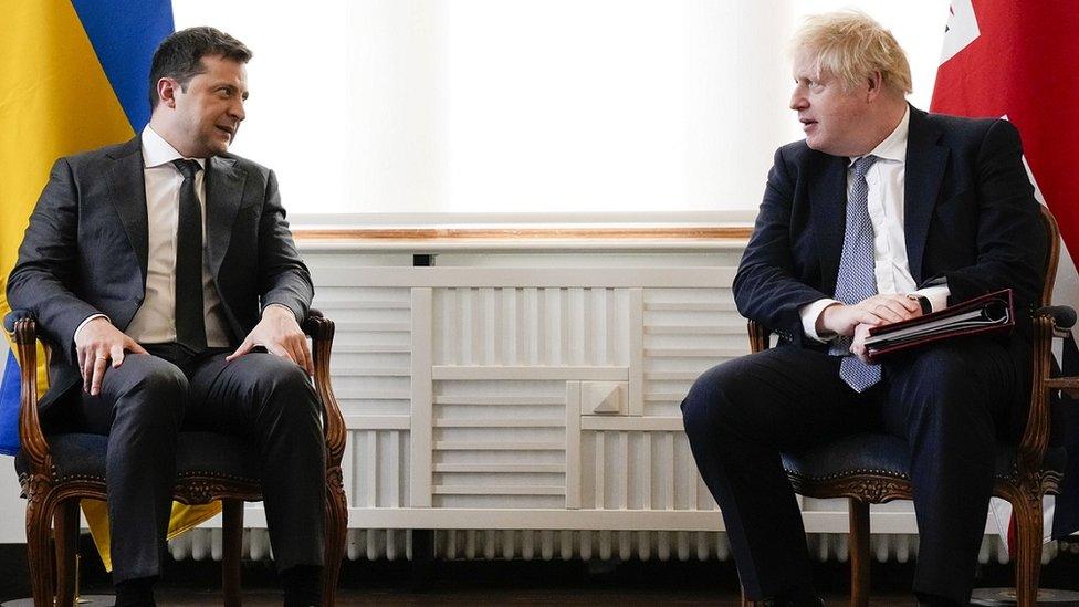 Ukrainian President Volodymyr Zelensky attends a meeting with Prime Minister Boris Johnson