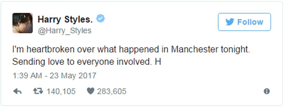 Harry Styles tweet: "I'm heartbroken over what happened in Manchester tonight. Sending love to everyone involved."