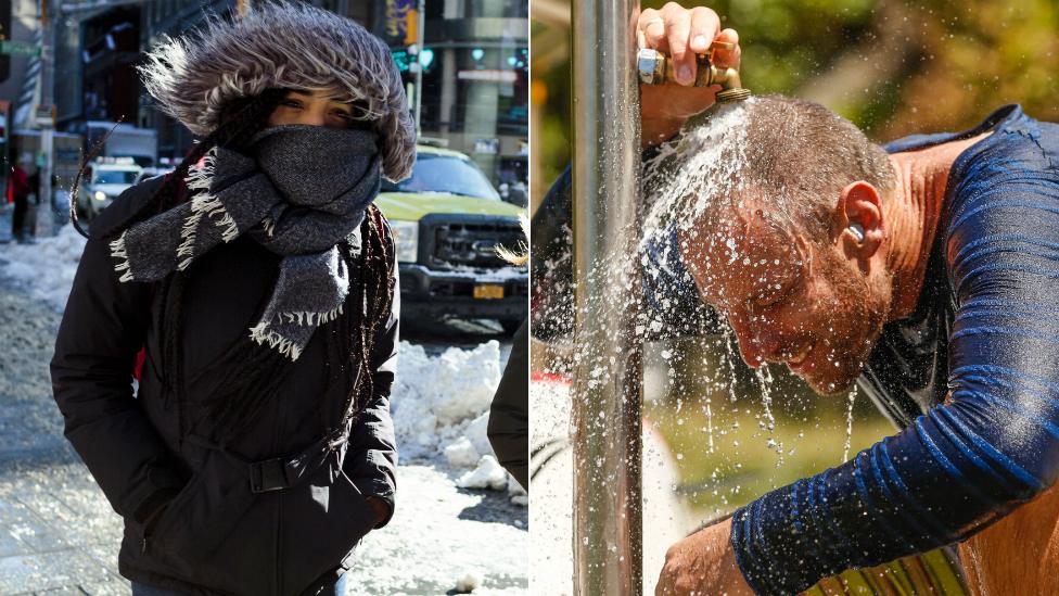 Composite image of New York snow and Sydney heatwave