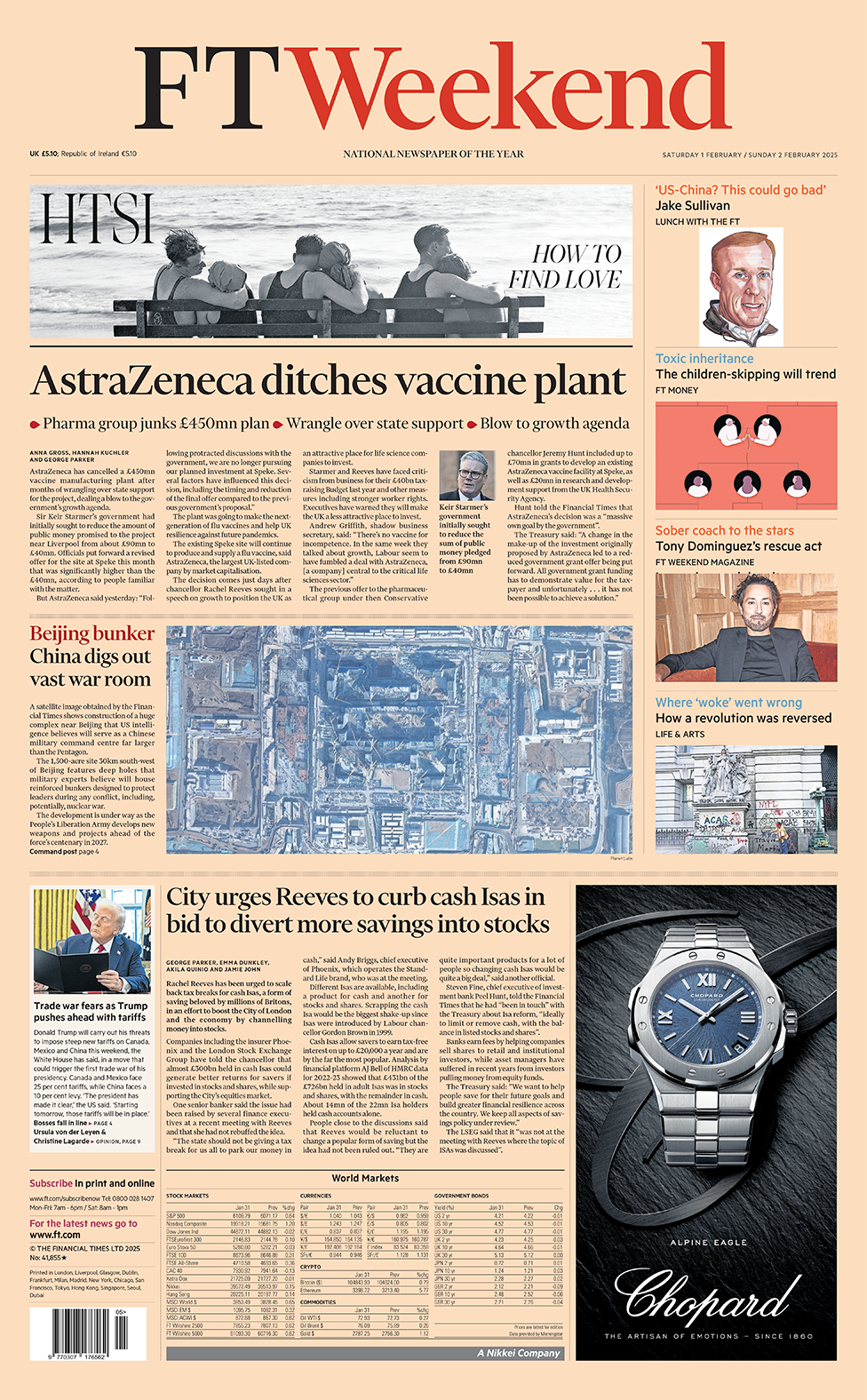 The headline in the FTWeekend reads: "AstraZeneca ditches vaccine plant". 