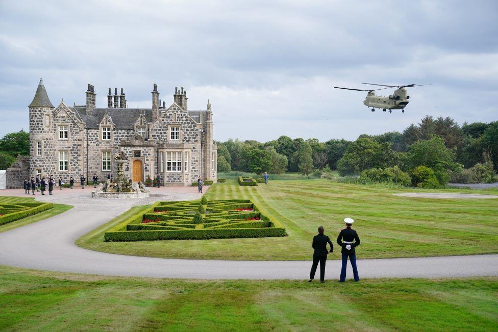 Trump and Britain's Prime Minister Keir Starmer arrives at Trump MacLeod House & Lodge Trump on the Trump International Estate