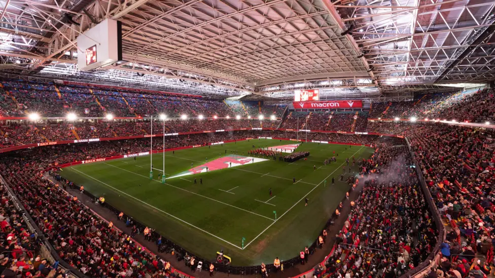 Fans watch pre-match entertainment inside the Principality Stadium