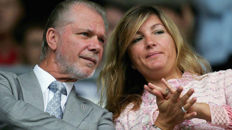 David Gold, Chairman of Birmingham City and Karren Brady MD of Birmingham City chat during a pre-season friendly between Derby County v Birmingham City at Pride Park, on July 23, 2005 in Derby, England.