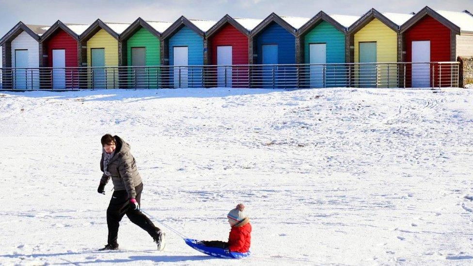 snowy beach.