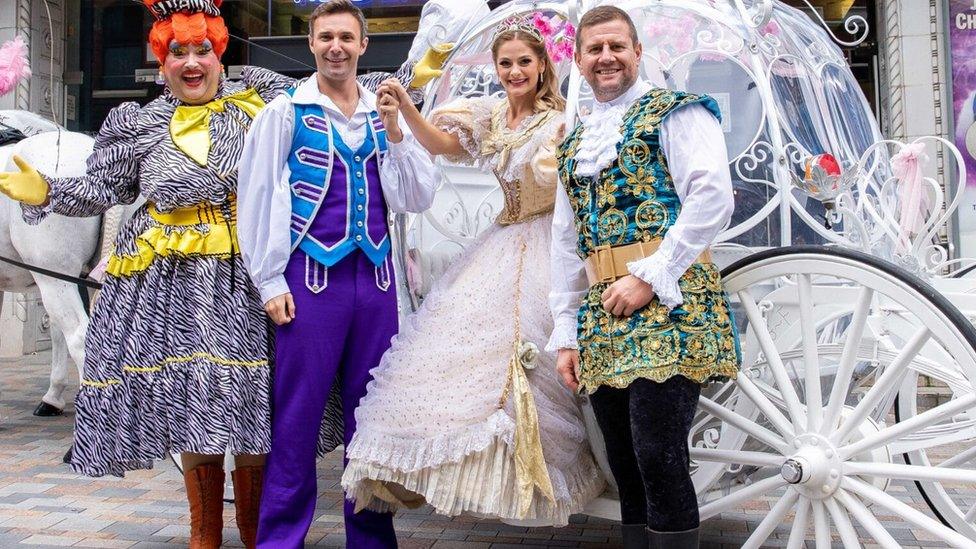 Cast of Cinderella outside Regent Theatre, Stoke-on-Trent