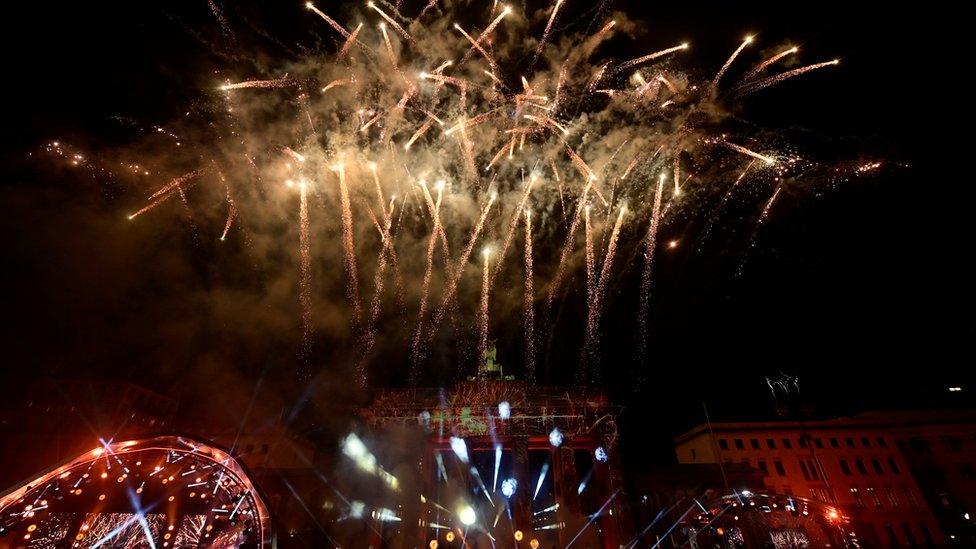 Fireworks above Brandenburg Gate in Berlin