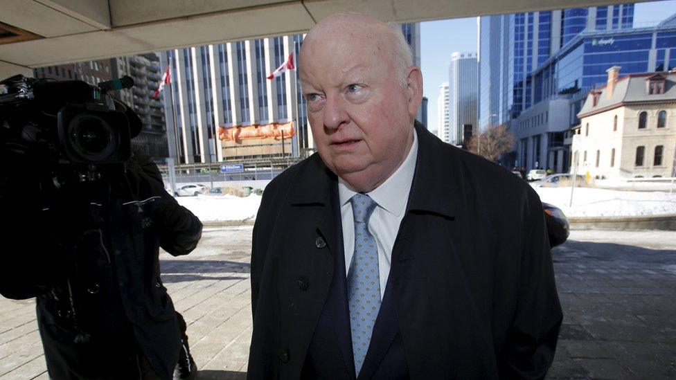 Senator Mike Duffy, who is on trial for fraud, bribery and breach of trust, arrives at the courthouse in Ottawa, Canada