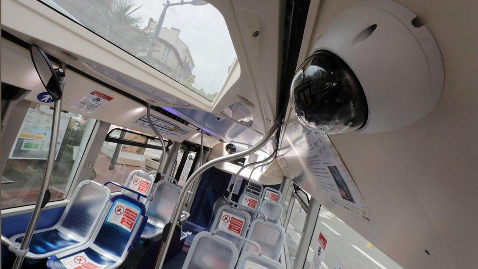 A surveillance camera on a bus in Cannes, 30 Apr 20