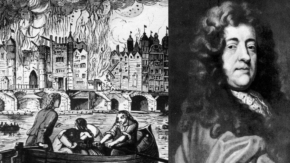 Pepys alongside an illustration of the Great Fire of London.