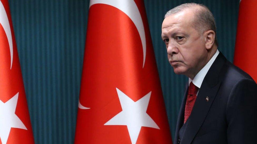 President of Turkey, Recep Tayyip Erdogan arrives to give a press conference at the Presidential Complex in Ankara, Turkey, on September 21, 2020