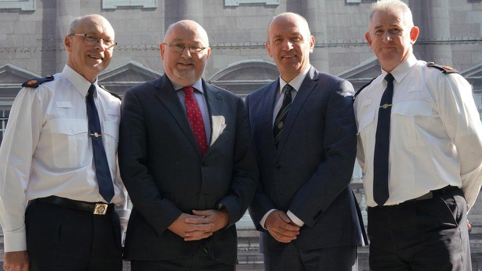 Garda Assistant Commissioner Michael Flynn, Irish justice committee chairman Caoimhghín Ó Caoláin, PSNI Assistant Chief Constable Alan Todd and Garda Assistant Commissioner Patrick Leahy