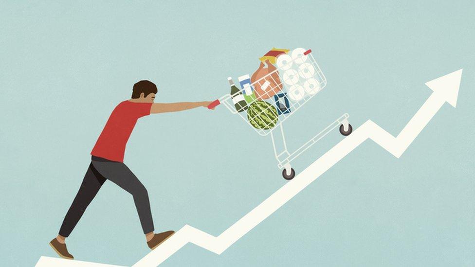 graphic of man climbing a graph with a shopping trolley