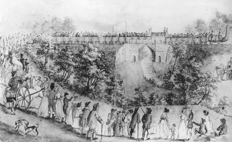 Sketch by John Dobbin of crowds gathered to watch the opening of the Stockton and Darlington Railway in 1825