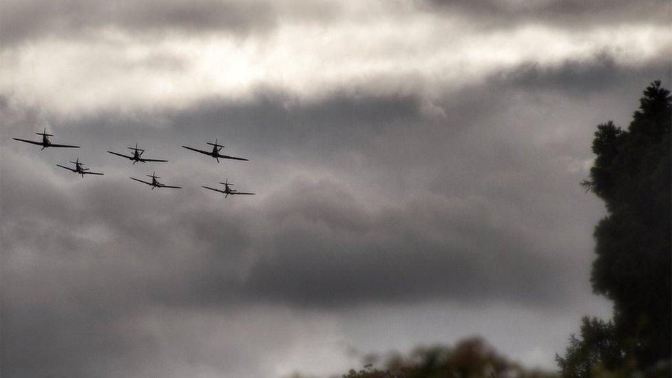 Six planes flying over Farnborough