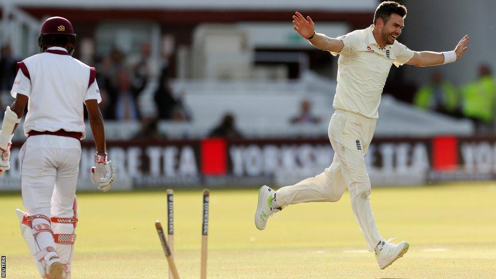 James Anderson bowls Kraigg Brathwaite