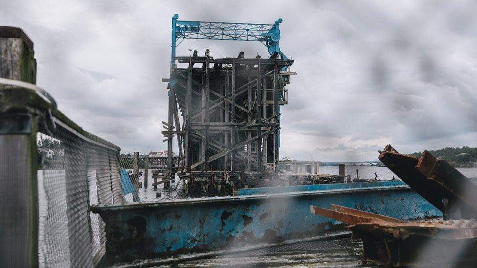 Arson damage at Dunston Staiths where a large section of timber is missing