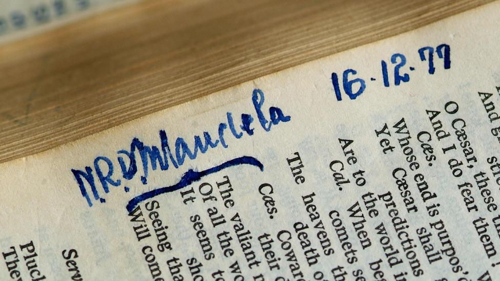 Nelson Mandela's inscription in the Robben Island copy of Shakespeare