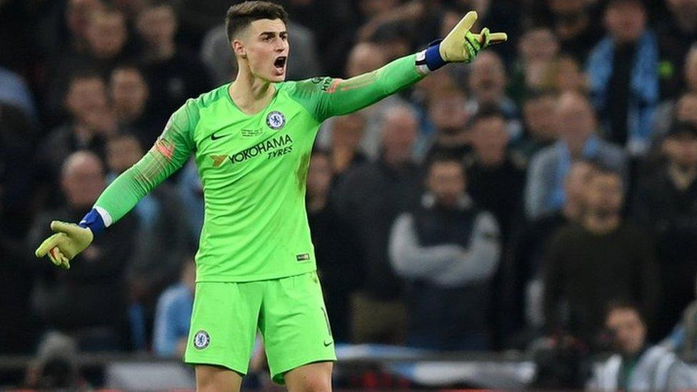 Kepa Arrizabalaga of Chelsea refuses to be substituted during the Carabao Cup Final between Chelsea and Manchester City at Wembley Stadium on February 24, 2019 in London, England.