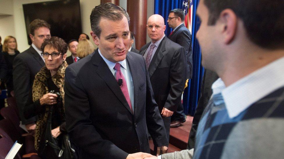 Republican Senator from Texas and 2016 presidential candidate Ted Cruz (L) greets a supporter after delivering an address on protecting the US from terrorism and his vision for US foreign policy, at the Heritage Foundation in Washington, DC, USA,