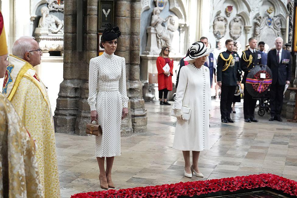 The Princess of Wales and Queen Camilla attend a service of thanksgiving at Westminster Abbey in London on the 80th anniversary of VE Day. Picture date: Thursday May 8, 2025.