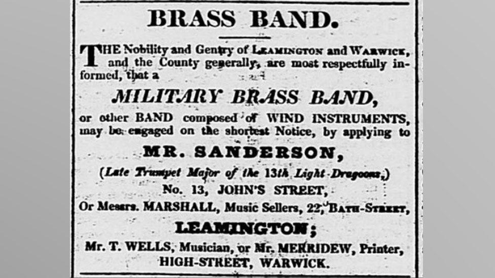 A newspaper cutting showing an advertisement for James Sanderson's brass band. It offers the services of a military brass band via Mr Sanderson who is "late trumpet major of the 13th Light Dragoons" and gives his contact details in Leamington