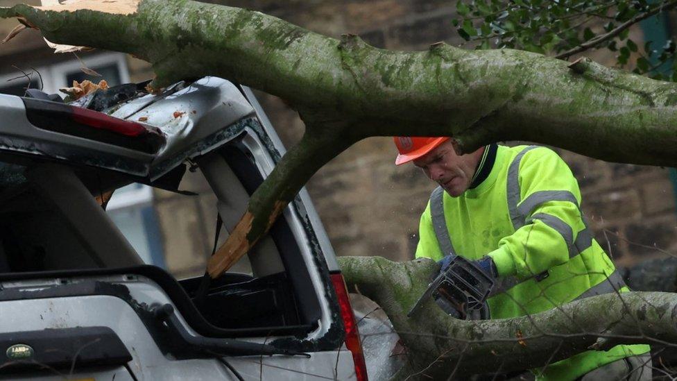 A tree surgeon works to remove a tree that fell on to a car after Storm Gerrit hit the country in Stalybridge,