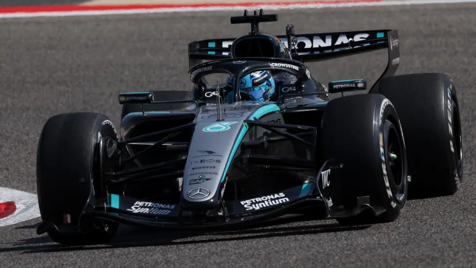 George Russell drives the 2026 Mercedes on track in Bahrain during pre-season testing 