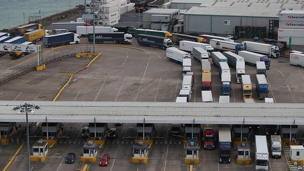 Container lorries coming off ferries at Dover