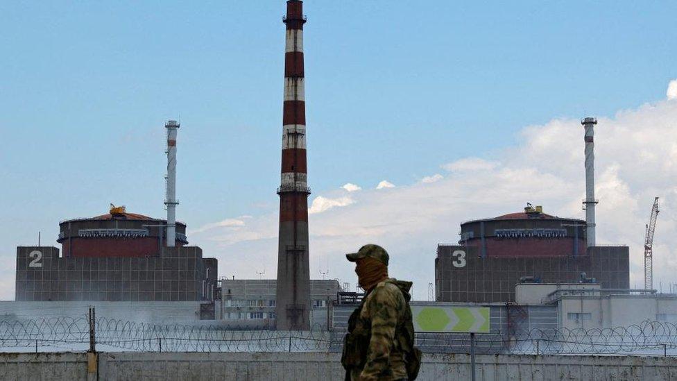 A serviceman with a Russian flag on his uniform stands guard near the Zaporizhzhia Nuclear Power Plant