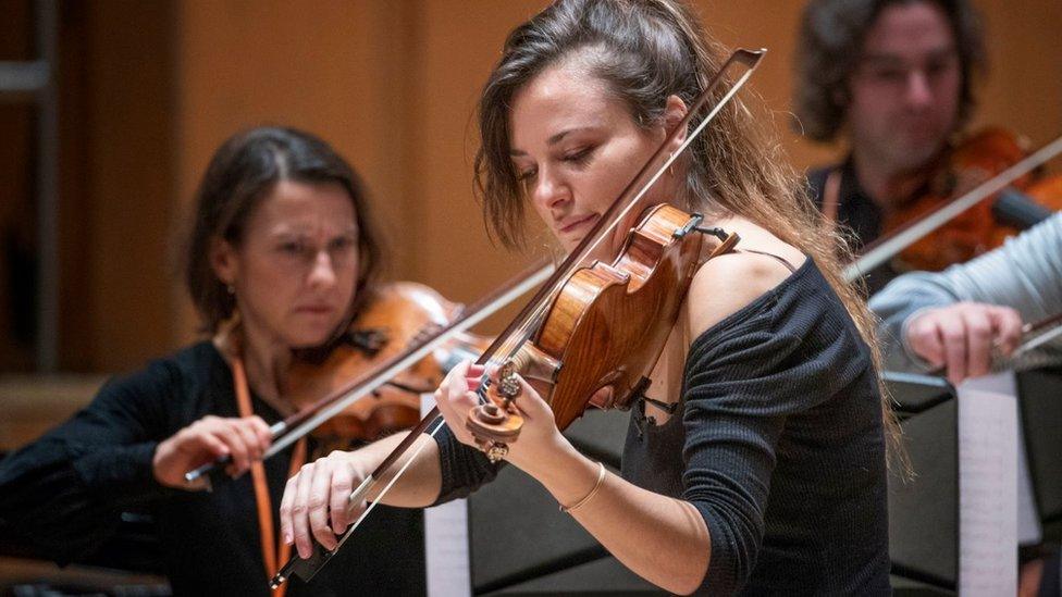 Violinist Nicola Benedetti performs with the Benedetti Foundation tutors and ambassadors for 350 young musicians at the first Benedetti Sessions at the Royal Concert Hall, Glasgow.