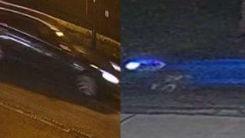 A black and blue car, pictured side-by-side. The cars are travelling at night and have their headlights on.