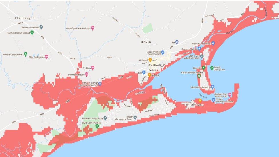 Ardaloedd o Bwllheli o dan ddwr yn yn 2100 yn ol Climate Central