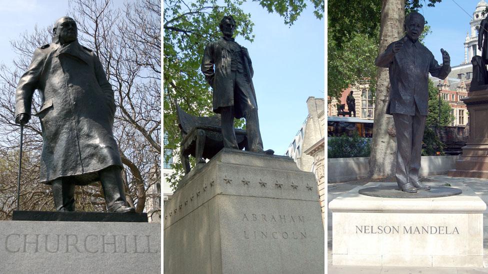 Statues in parliament square of Winston Churchill, Abraham Lincoln and Nelson Mandela