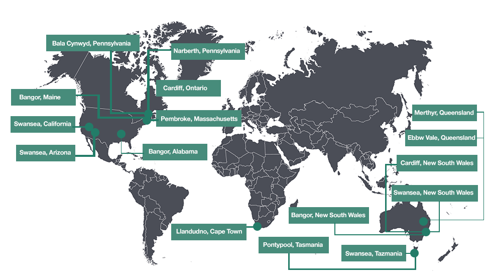 A world map showing Wales place names around the world