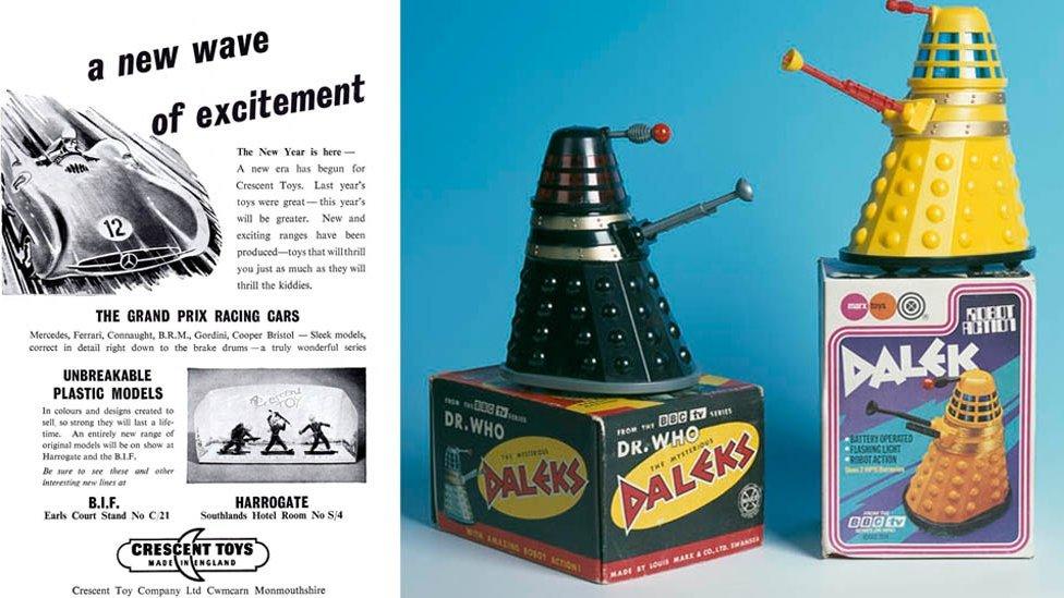 A Crescent Toys poster and Dalek toys made by Swansea-based Louis Marx