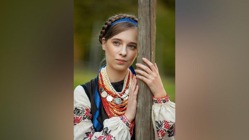 Model wearing traditional vyshyvanka