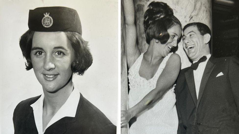 Two black and white images side by side, one of Lucy's mum Patsy in a uniform with a dark blazer and a white shirt wearing a hat with a badge on it. Patsy is smiling and has dark bobbed hair. The image on the right of of Patsy in a white dress with her hair up, dancing and smiling at her husband Jeff, who is wearing a suit and bow tie and is laughing.
