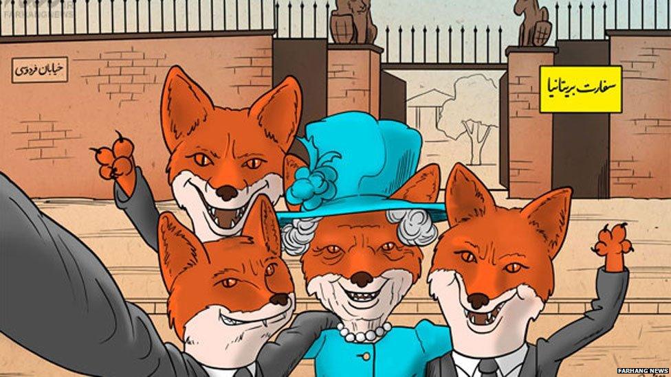 Farhang News's cartoon showing a fox-like Queen Elizabeth and friends taking a selfie in Ferdowsi Street, Tehran, home of the UK embassy