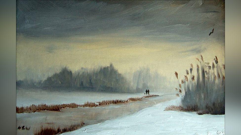 A Kieron Williamson painting showing a wintry countryside scene, with snow on the ground and people walking in the background.