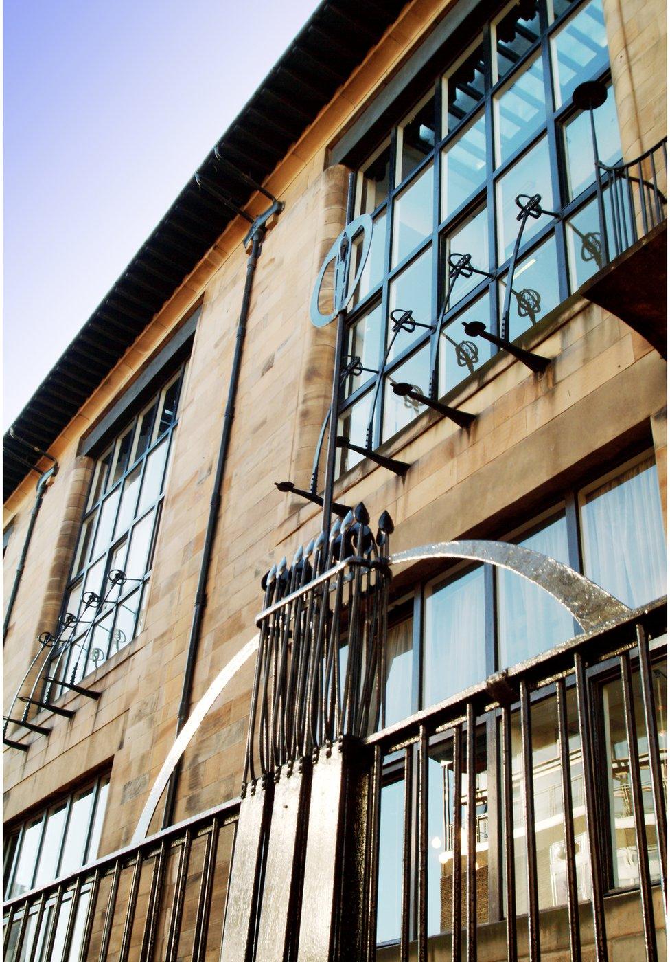 Abstract detailed shot of Mackintosh Building facade from Renfrew Street showing studio windows