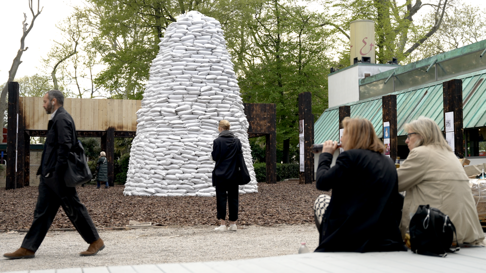 Sandbags on display at a Ukraine exhibition at the Venice Bienalle