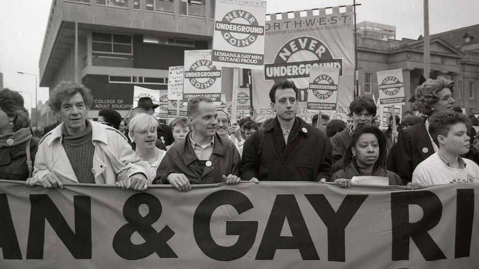 Sir Ian McKellen, Peter Tatchell and protesters in Manchester